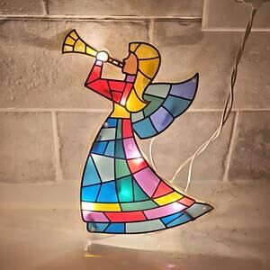 Vintage Stained Glass Style Lighted Angel – Christmas Decor 7.5"